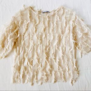Zara Womens Top Feather Sheer Shortsleeve Fringe Party Fashion Layer Beige S